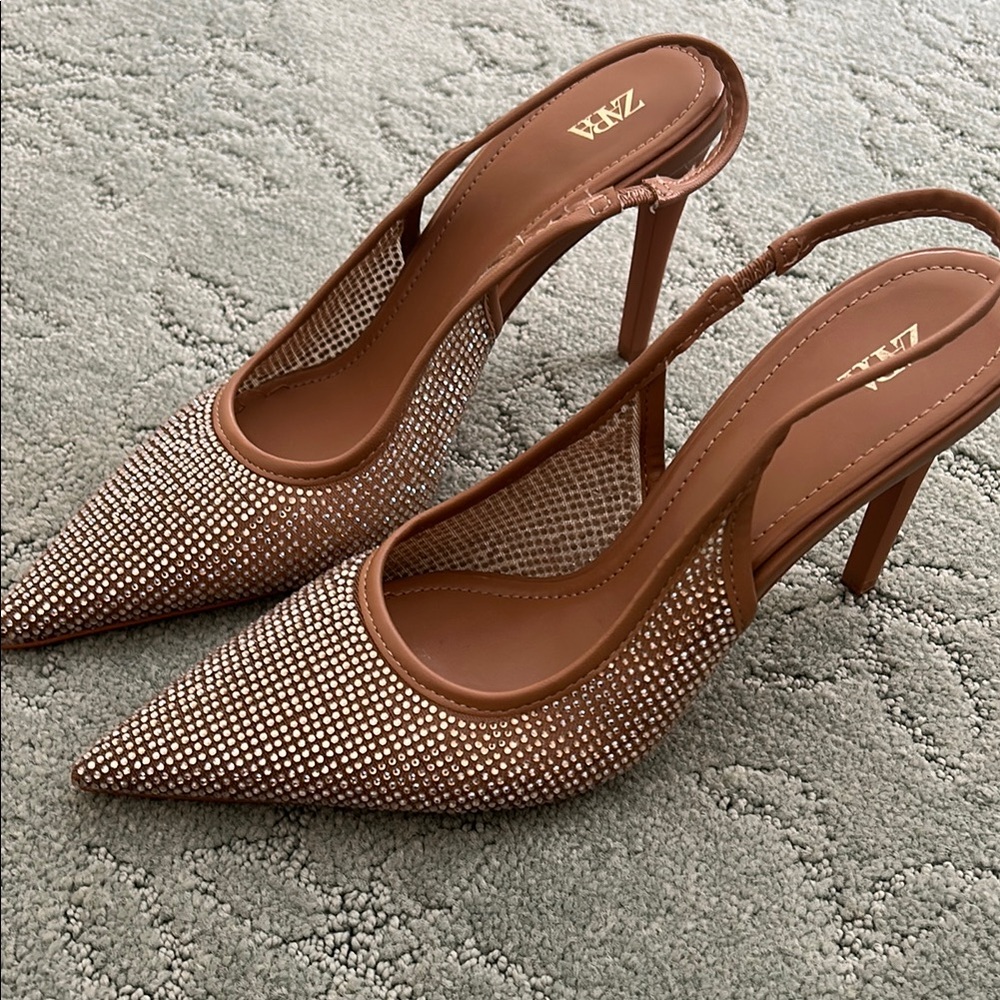 Zara tan rhinestone Slingback Heels 7
